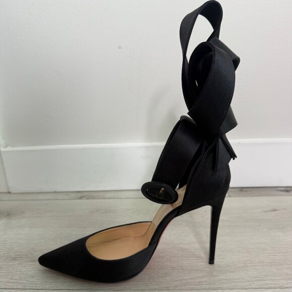 Christian Louboutin Crepe Satin Raissa 100 Ankle Strap Pumps 37.5 Black US 7 - Picture 4 of 9